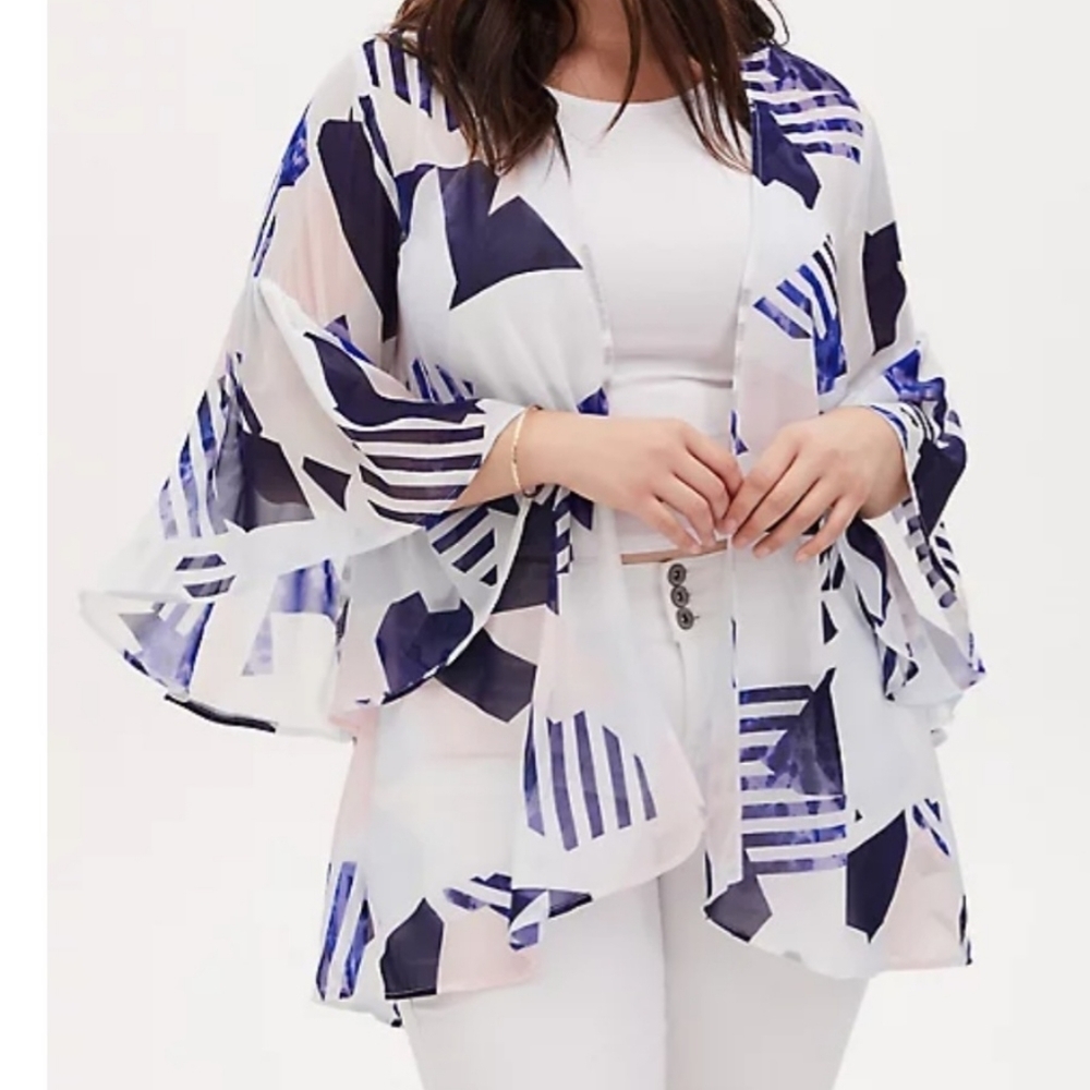 Torrid Geometric Blue White Open Front Kimono Women's Size Medium/Large